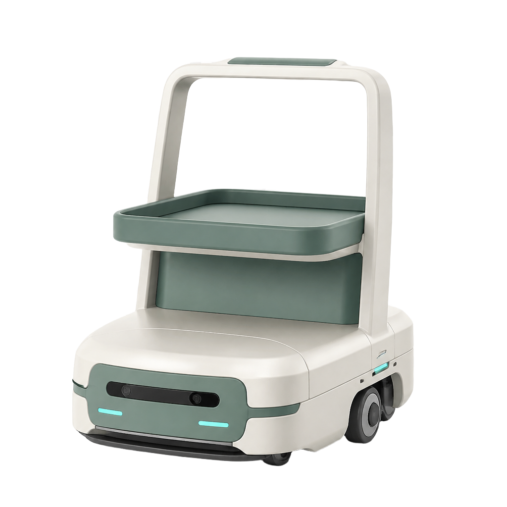 Friendly autonomous mobile service robot with a compact wheeled base and cargo shelf