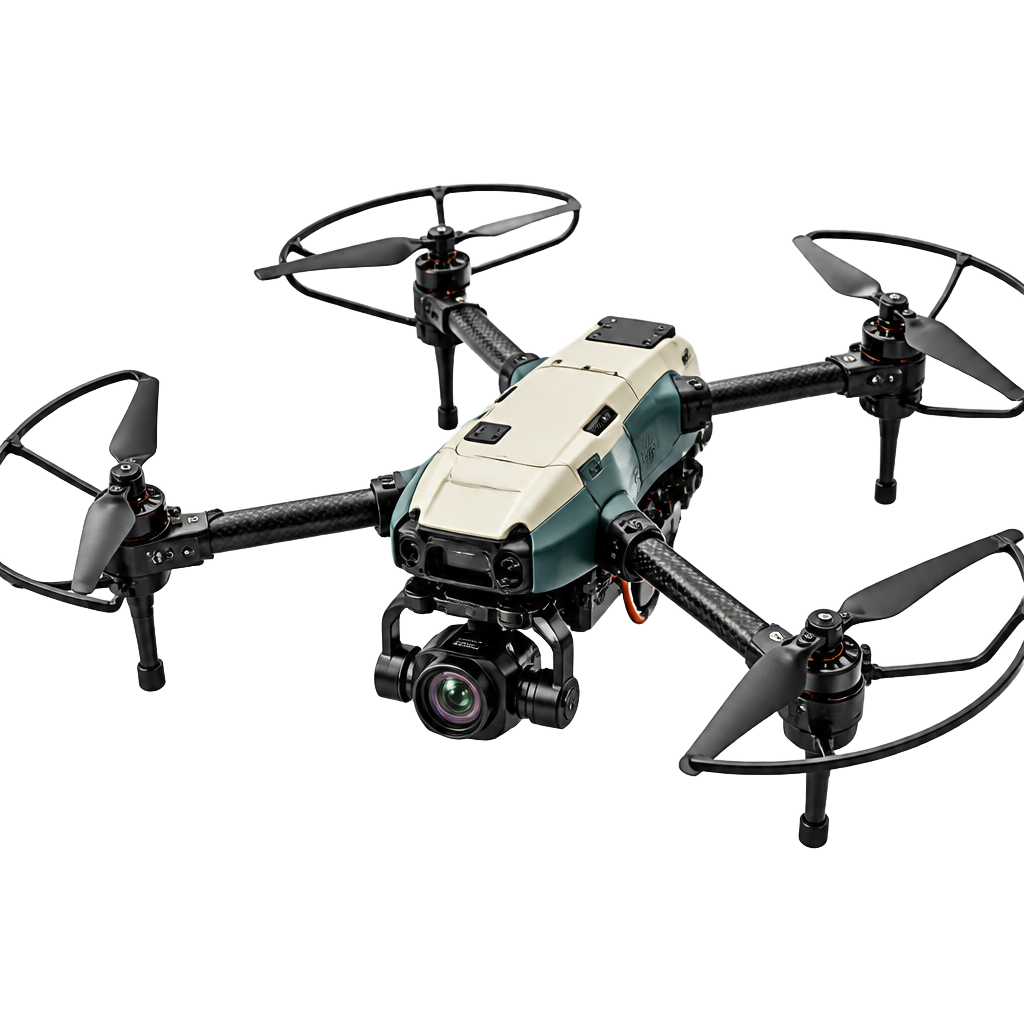 Photorealistic rendered industrial inspection drone with camera gimbal