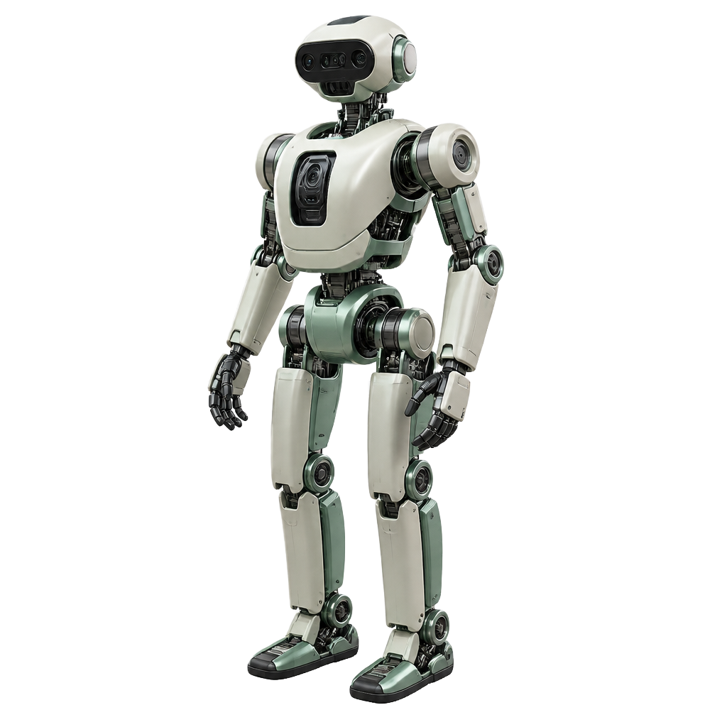 Photorealistic rendered humanoid robotics assistant with precision joints and sensor head