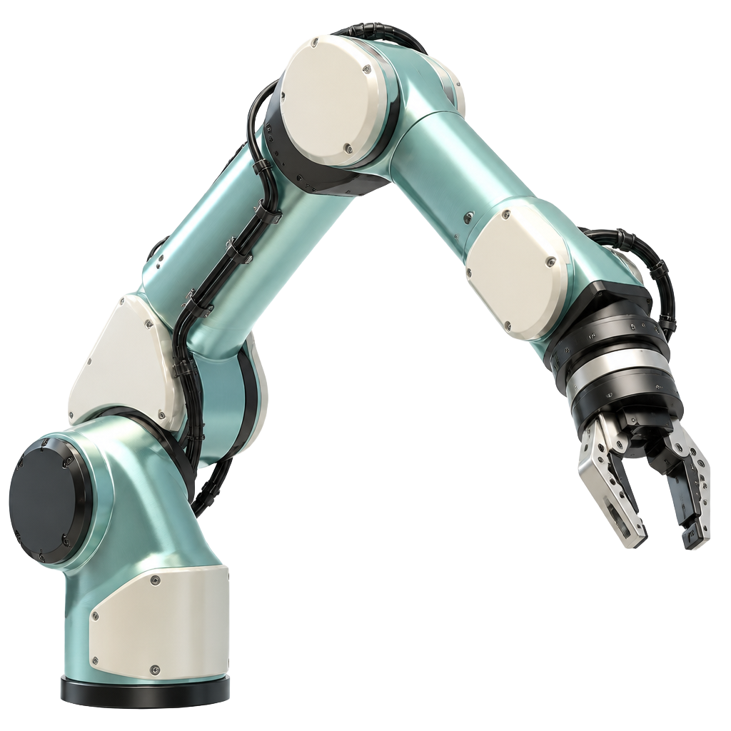 Photorealistic rendered collaborative industrial robot arm with a precision gripper